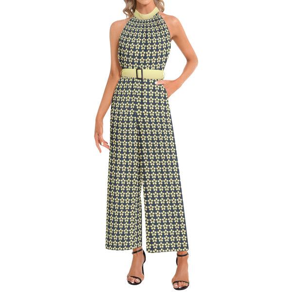 Gold Petals Halter Neck Buckle Belted Jumpsuit - Objet D'Art