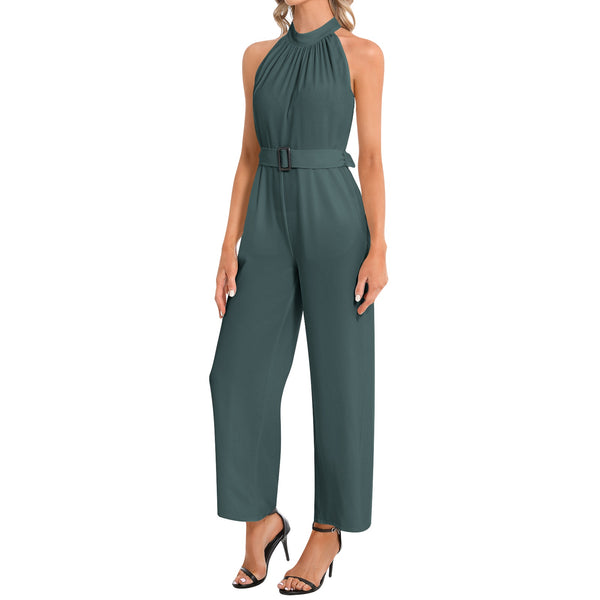 Halter Neck Buckle Belted Jumpsuit - Objet D'Art