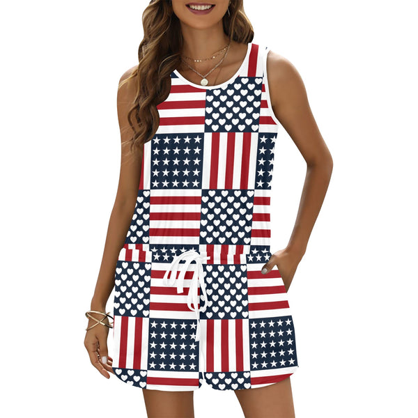 americana love rwb print All Over Print Vest Short Jumpsuit - Objet D'Art