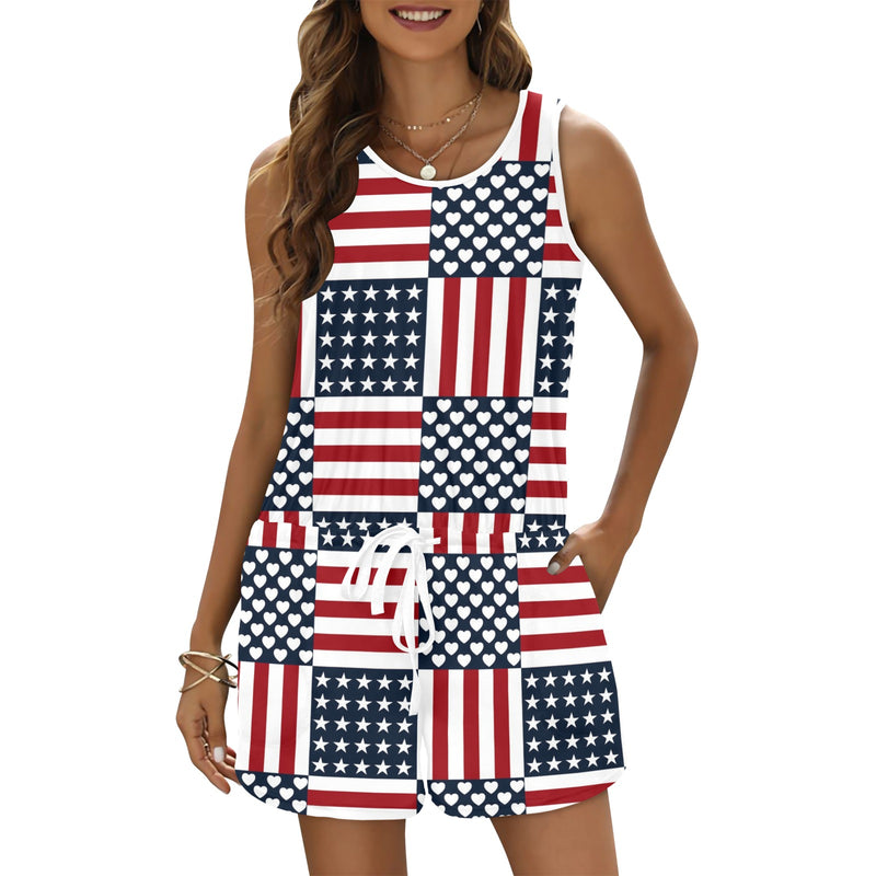 americana love rwb print All Over Print Vest Short Jumpsuit - Objet D'Art