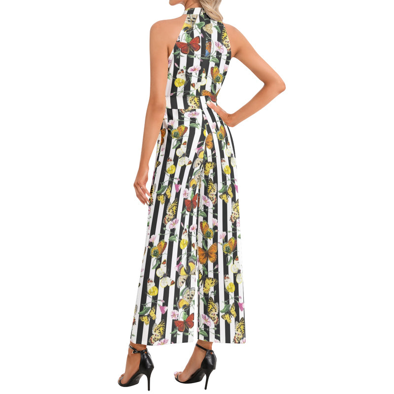 Butterfly Print Halter Neck Buckle Belted Jumpsuit - Objet D'Art