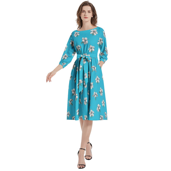 Boat Neck Belted Flared Dress - Objet D'Art