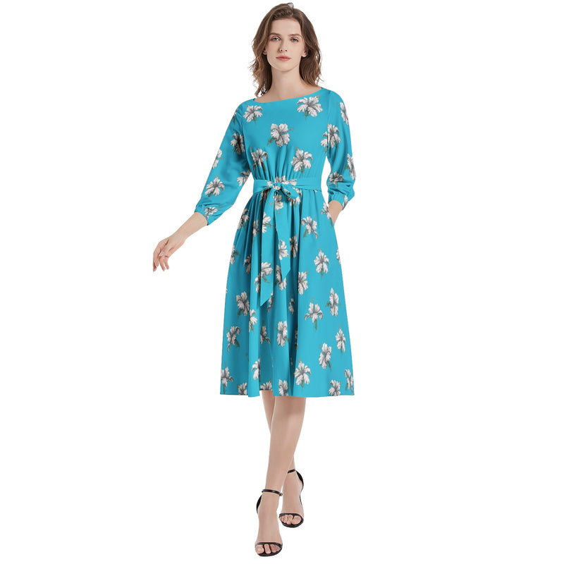Boat Neck Belted Flared Dress - Objet D'Art