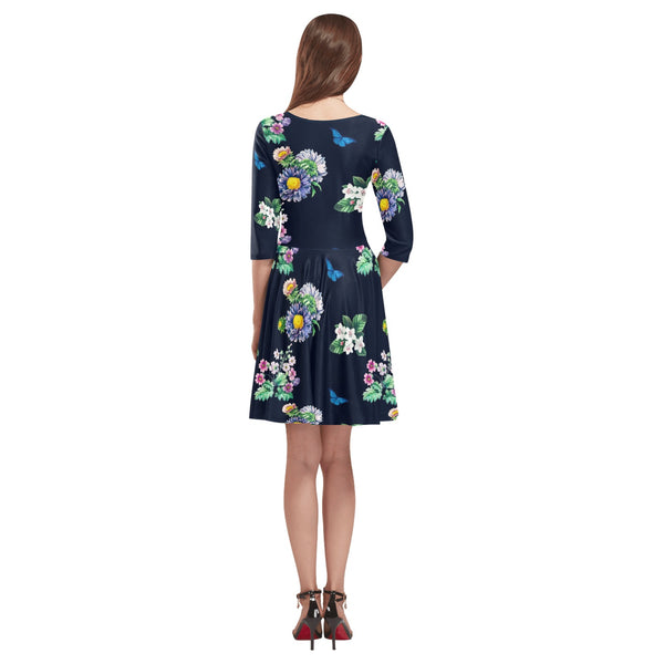 floral blue print 5 Tethys Half-Sleeve Skater Dress(Model D20) - Objet D'Art