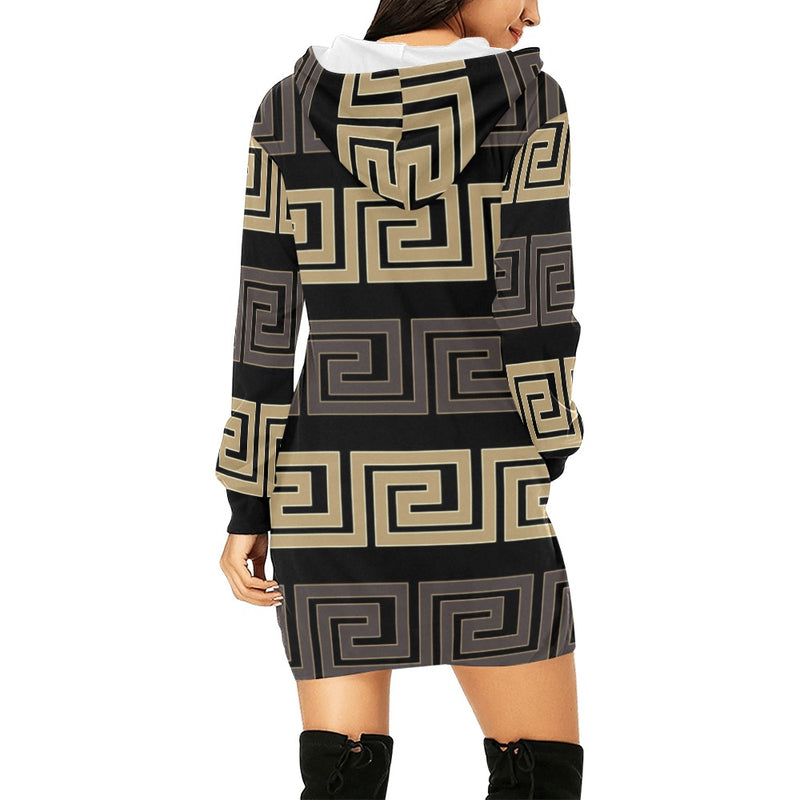 brown beige greek key print 10A All Over Print Hoodie Mini Dress (Model H27) - Objet D'Art