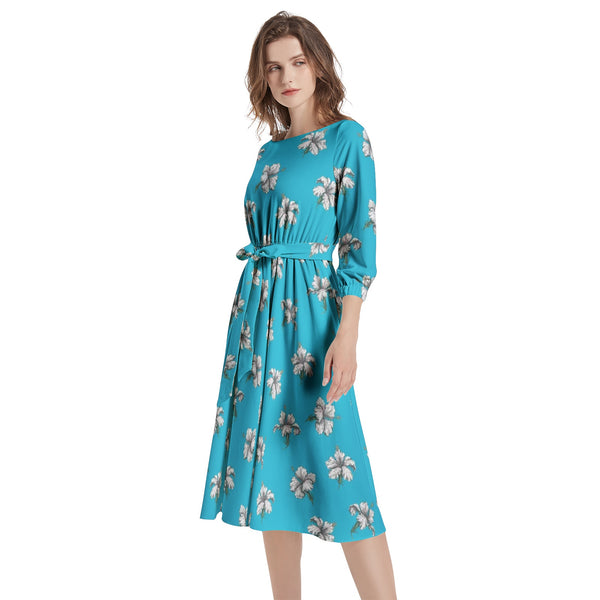 Boat Neck Belted Flared Dress - Objet D'Art