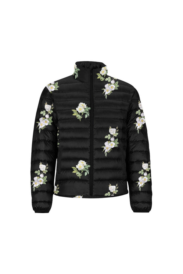 White Floral Unisex Stand Collar Padded Jacket - Objet D'Art