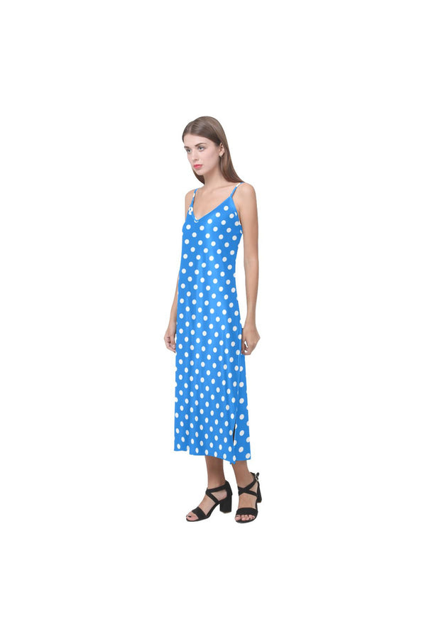 Coral Blue Pollka Dot V-Neck Open Fork Long Dress(Model D18) - Objet D'Art