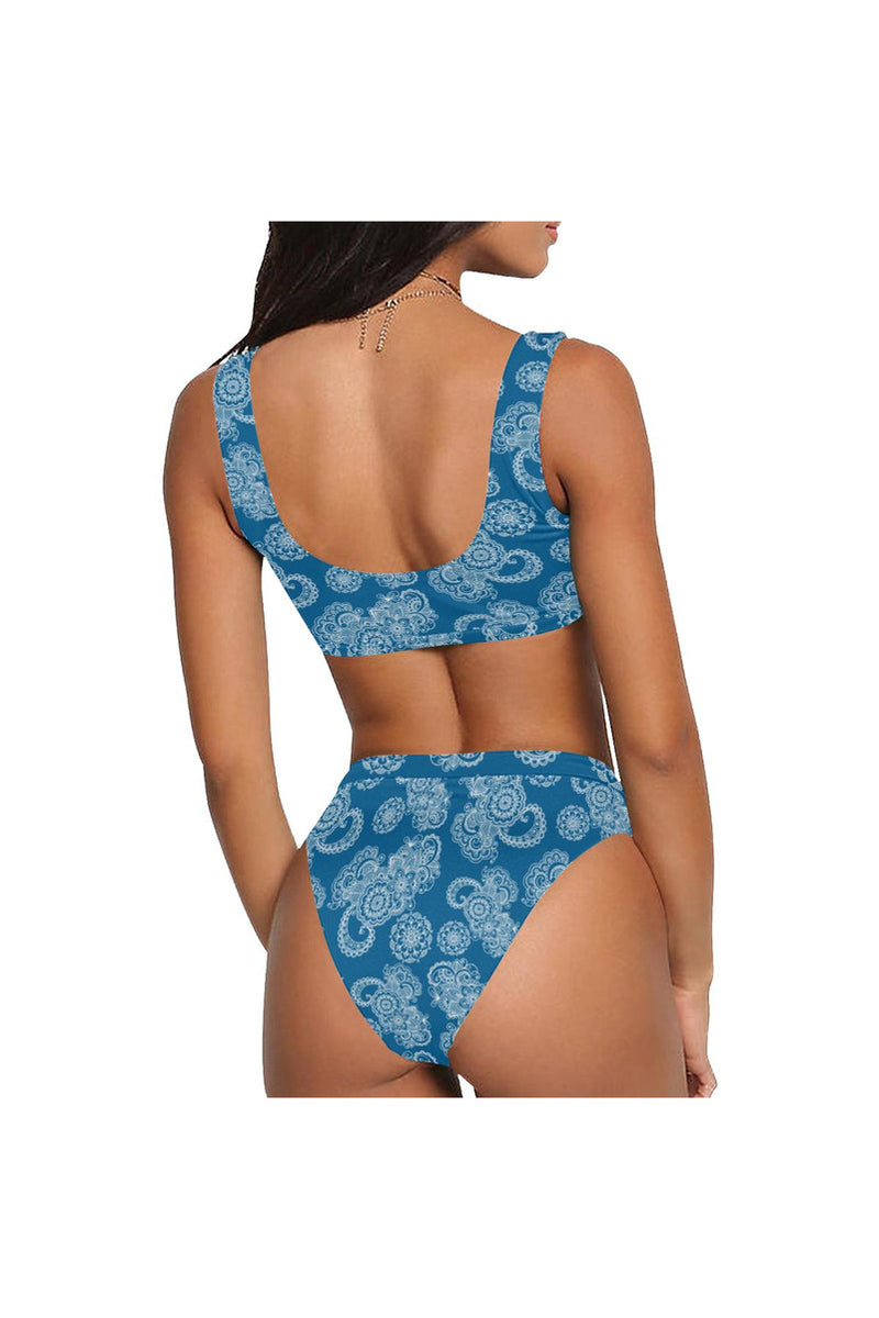 Paisley in Royal Blue Sport Top & High-Waisted Bikini Swimsuit (Model S07) - Objet D'Art