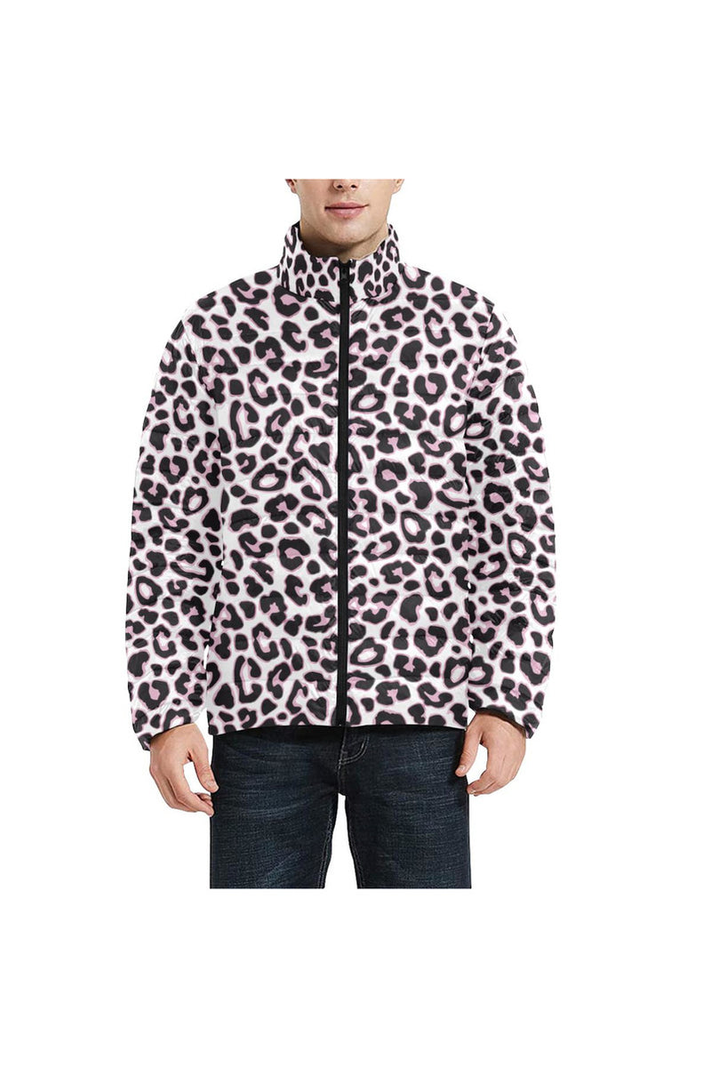Pink Leopard Print Unisex Stand Collar Padded Jacket - Objet D'Art