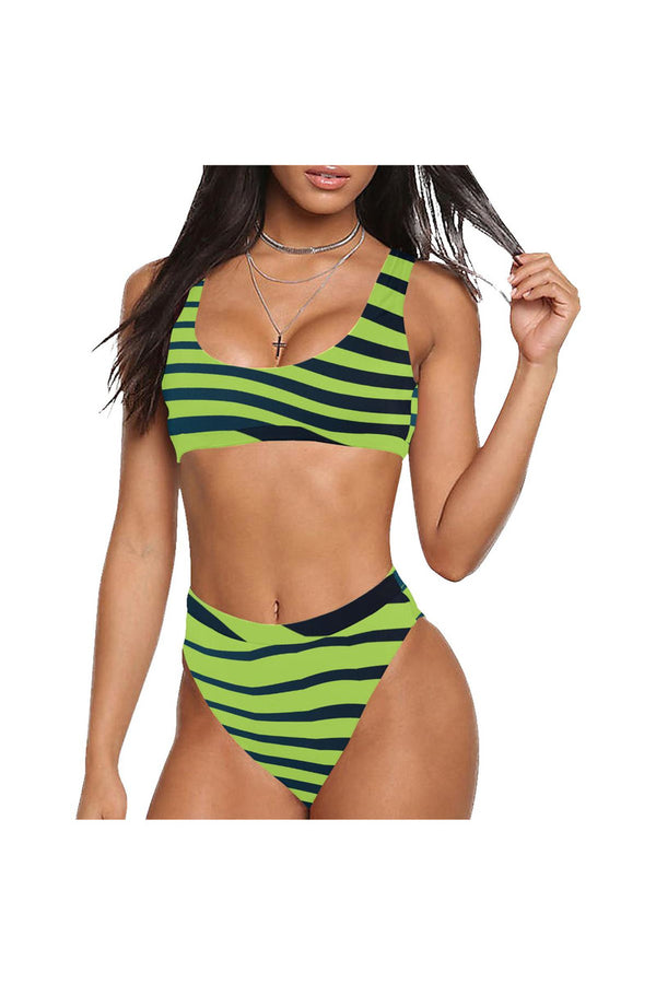 Lime Green Zebra print Sport Top & High-Waisted Bikini Swimsuit - Objet D'Art