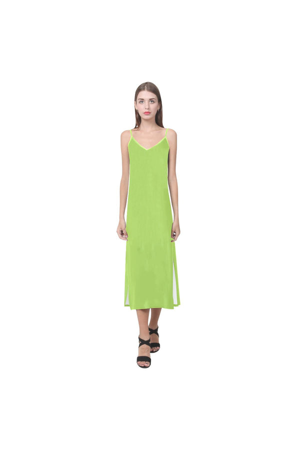 Lime Green V-Neck Open Fork Long Dress - Objet D'Art