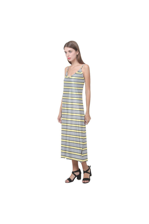 Cream Stripes V-Neck Open Fork Long Dress(Model D18) - Objet D'Art