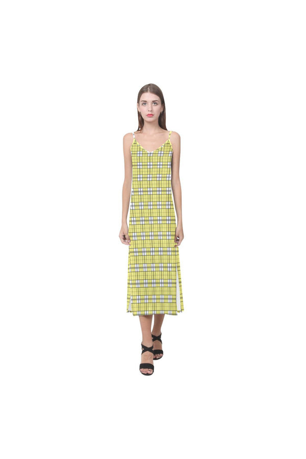 Yellow Plaid V-Neck Open Fork Long Dress(Model D18) - Objet D'Art