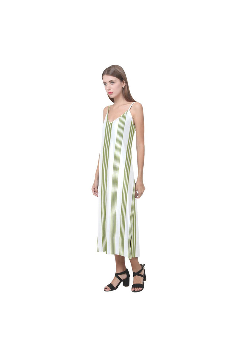 Pepper Green Vertical Striped V-Neck Open Fork Long Dress - Objet D'Art