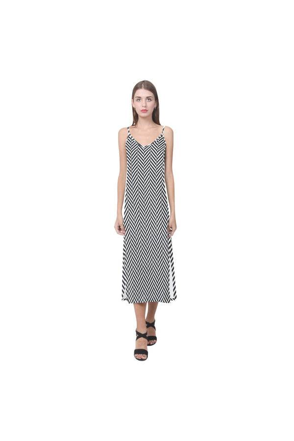 Herring Bone V-Neck Open Fork Long Dress(Model D18) - Objet D'Art
