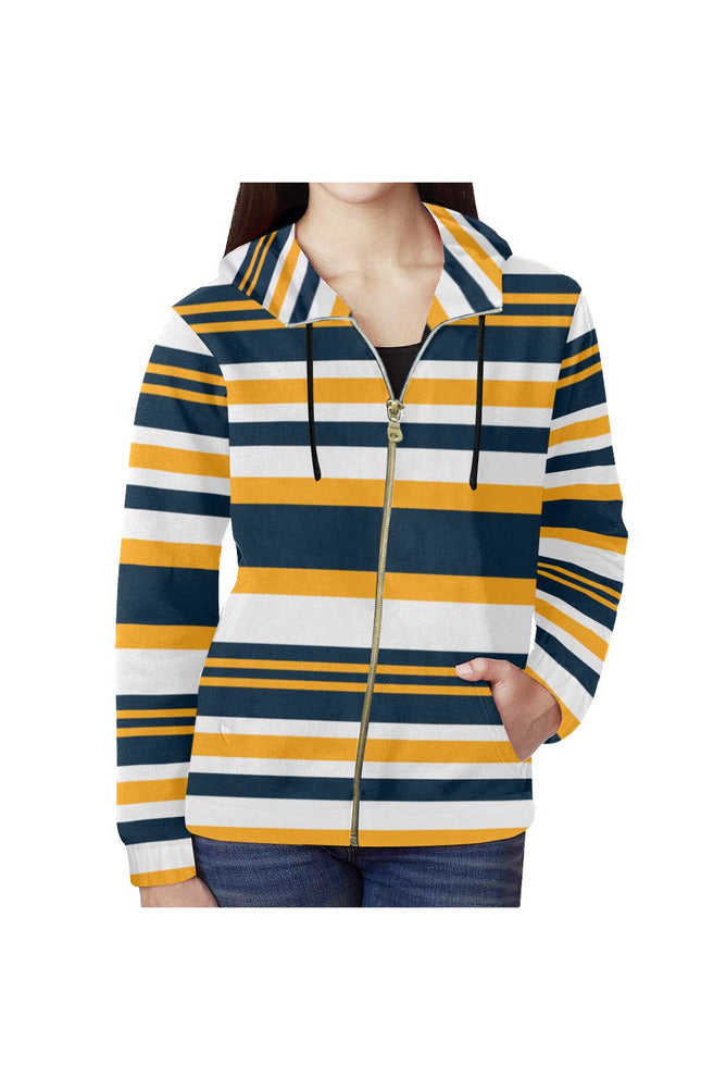 Blue & Gold All Over Print Full Zip Hoodie for Women (Model H14) - Objet D'Art