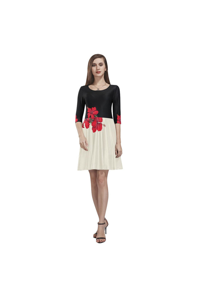Hibiscus Accented Tethys Half-Sleeve Skater Dress - Objet D'Art