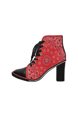 Classic Red Bandanna Print Women's Lace Up Chunky Heel Ankle Booties - Objet D'Art