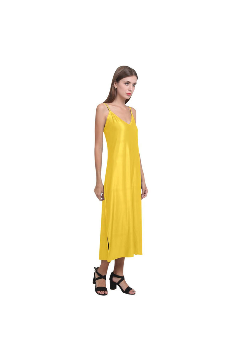 Golden Yellow V-Neck Open Fork Long Dress(Model D18) - Objet D'Art