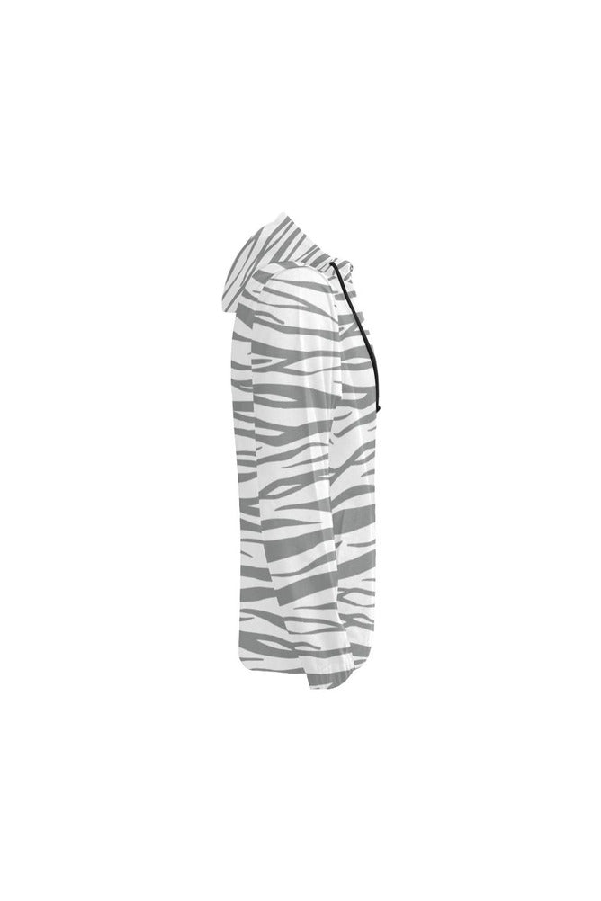 Ultimate Gray and White Tiger Striped Full Zip Hoodie for Women - Objet D'Art
