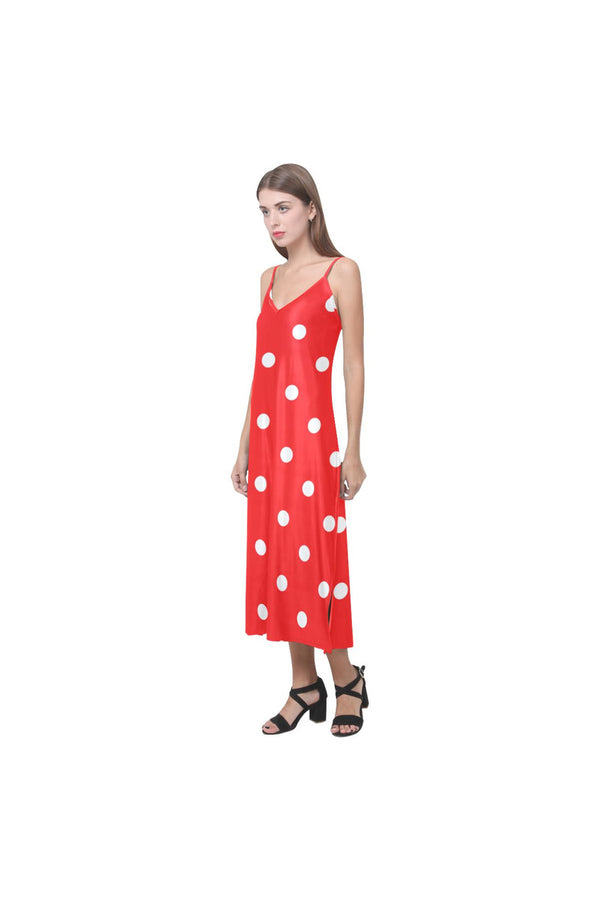 Red Polka Dot V-Neck Open Fork Long Dress - Objet D'Art