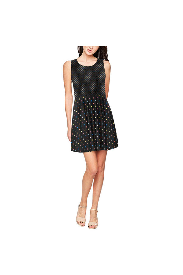 Color Polka Dots on Black Thea Sleeveless Skater Dress(Model D19) - Objet D'Art