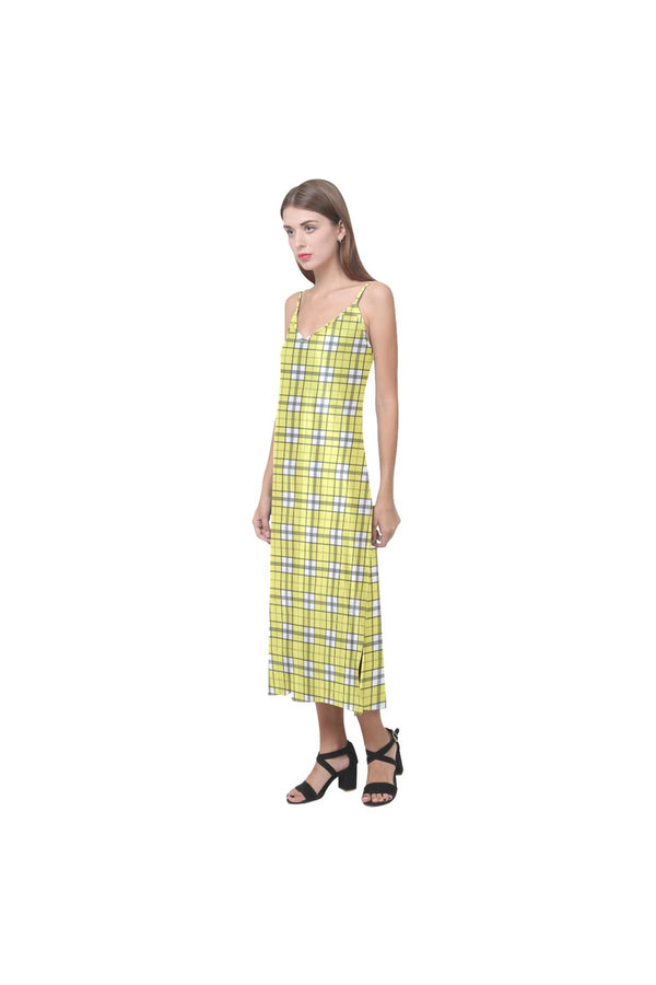 Yellow Plaid V-Neck Open Fork Long Dress(Model D18) - Objet D'Art