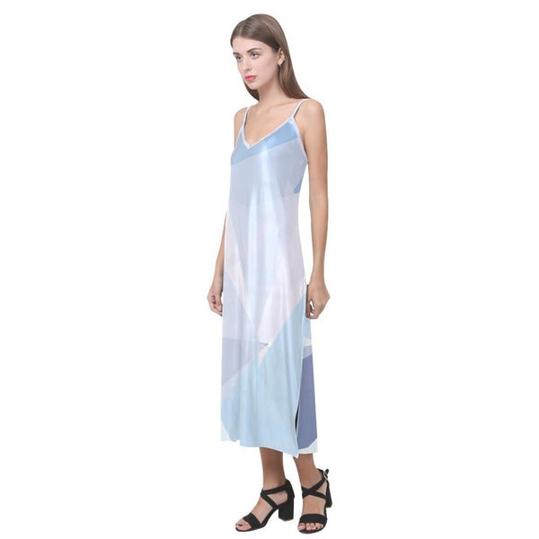 Pastel Palace in Blue V-Neck Open Fork Long Dress - Objet D'Art