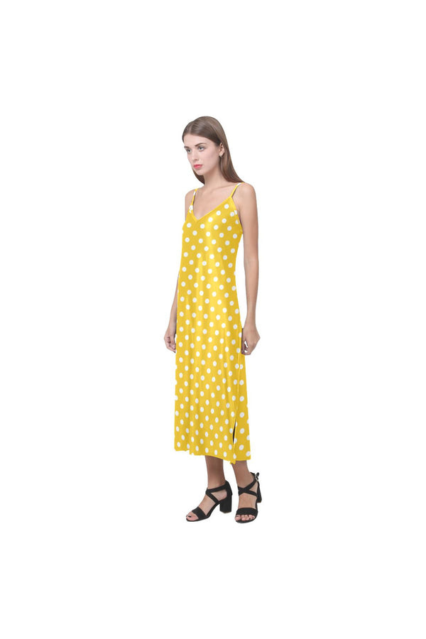 Golden Yellow Polka Dot V-Neck Open Fork Long Dress(Model D18) - Objet D'Art