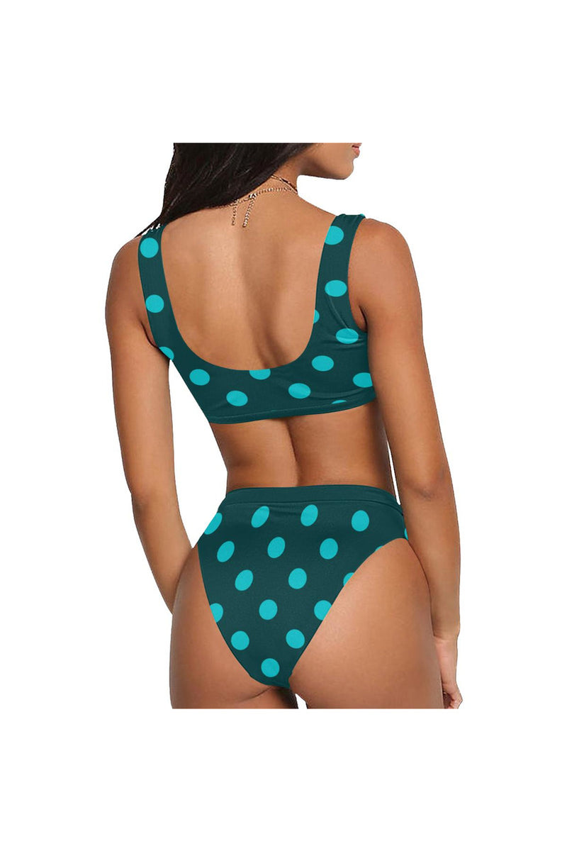 Aqua Polka-dots Sport Top & High-Waist Bikini Swimsuit - Objet D'Art