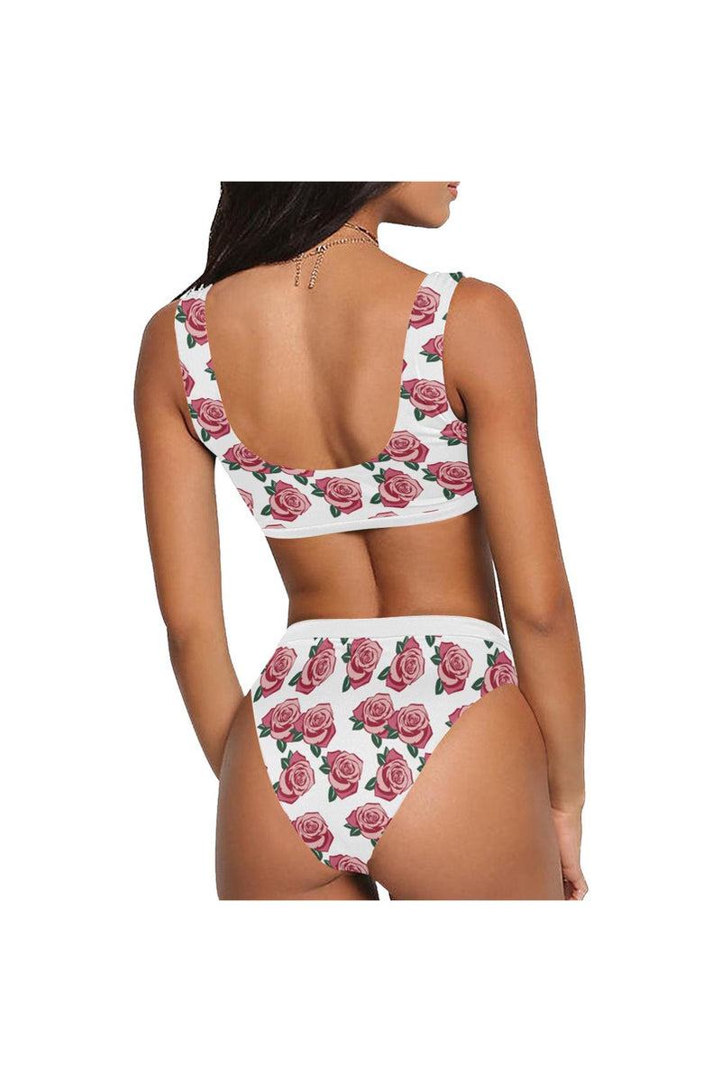 Rose Garden Sport Top & High-Waisted Bikini Swimsuit (Model S07) - Objet D'Art