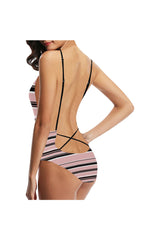 Pressed Rose & Black and White Stripes Sexy Lacing Backless One-Piece Swimsuit (Model S10) - Objet D'Art