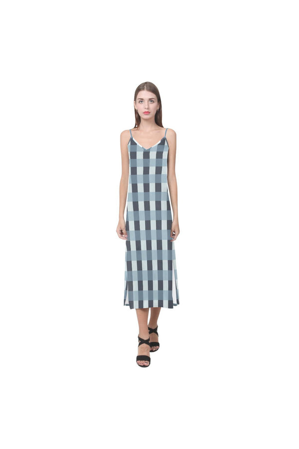 Tartan Turquoise V-Neck Open Fork Long Dress - Objet D'Art