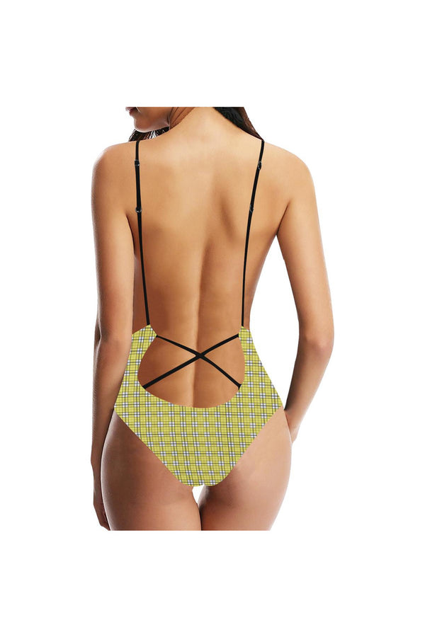 Yellow Plaid Sexy Lacing Backless One-Piece Swimsuit (Model S10) - Objet D'Art