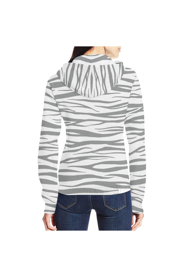 Ultimate Gray and White Tiger Striped Full Zip Hoodie for Women - Objet D'Art