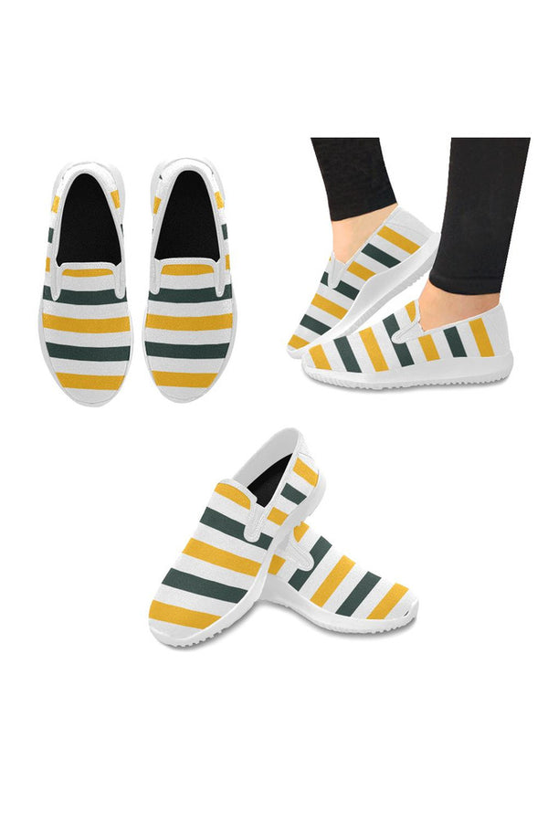 stripesgreenwhitegold Orion Slip-on Women's Canvas Sneakers (Model 042) - Objet D'Art