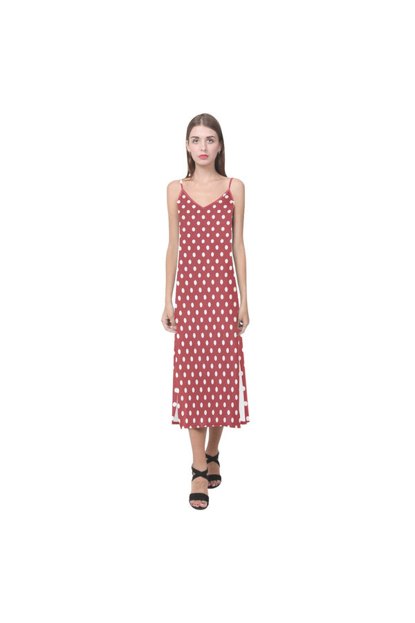 Coral Orange Polka Dot V-Neck Open Fork Long Dress(Model D18) - Objet D'Art