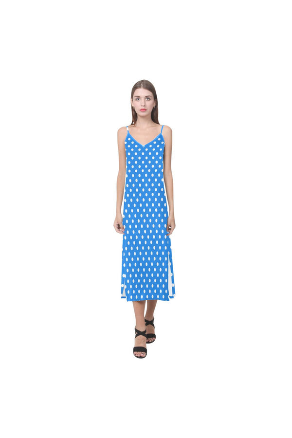 Coral Blue Pollka Dot V-Neck Open Fork Long Dress(Model D18) - Objet D'Art