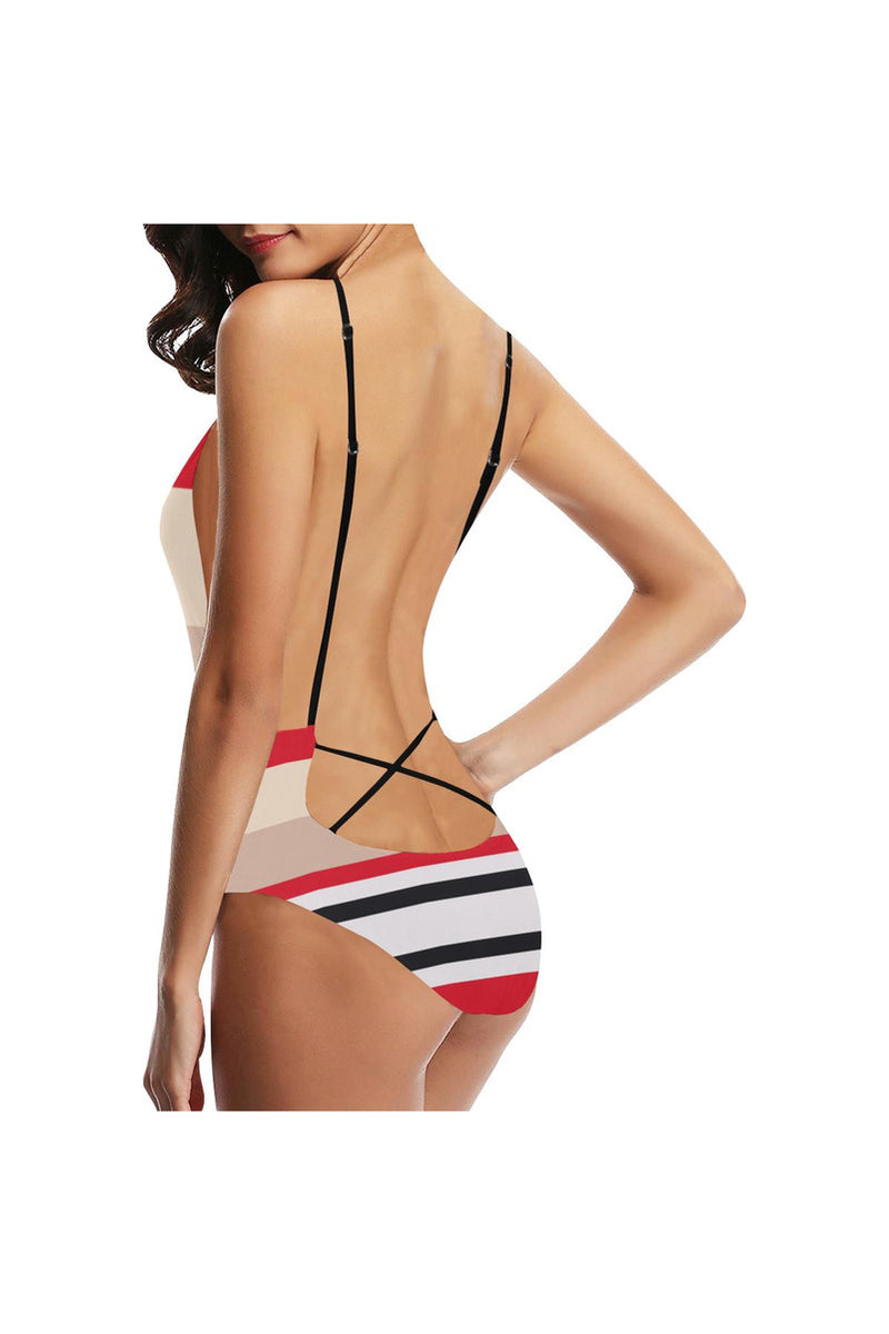 Red & Black Stripe Sexy Lacing Backless One-Piece Swimsuit - Objet D'Art