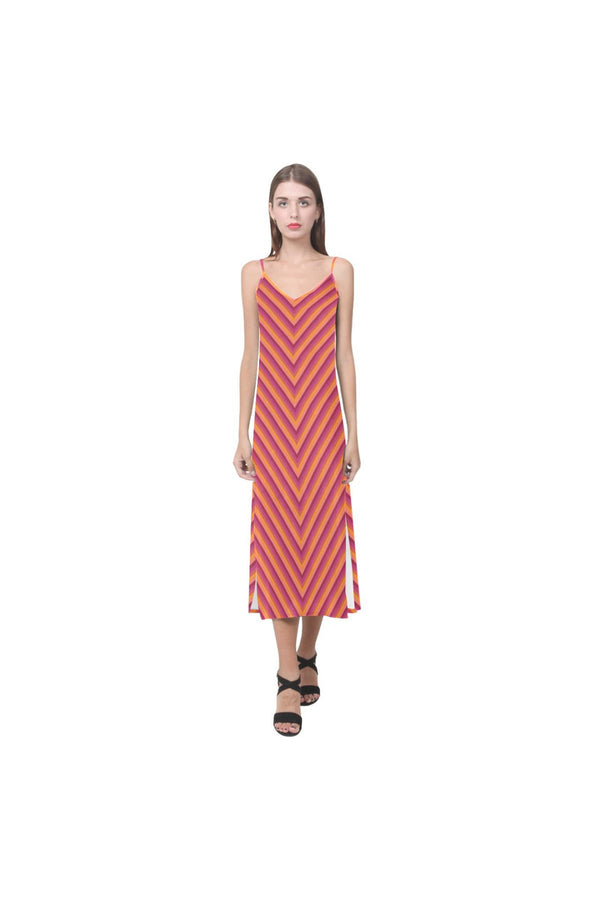 Coral Orange Baby Stripes V-Neck Open Fork Long Dress(Model D18) - Objet D'Art