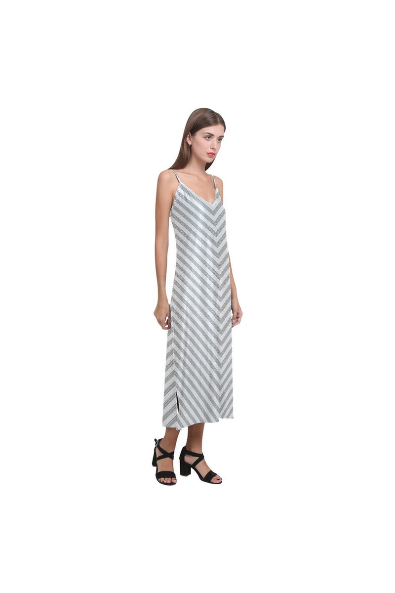 Striped V-Neck Open Fork Long Dress - Objet D'Art