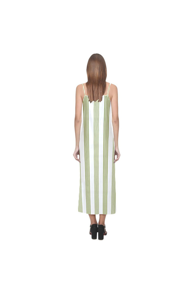 Pepper Green Vertical Striped V-Neck Open Fork Long Dress - Objet D'Art