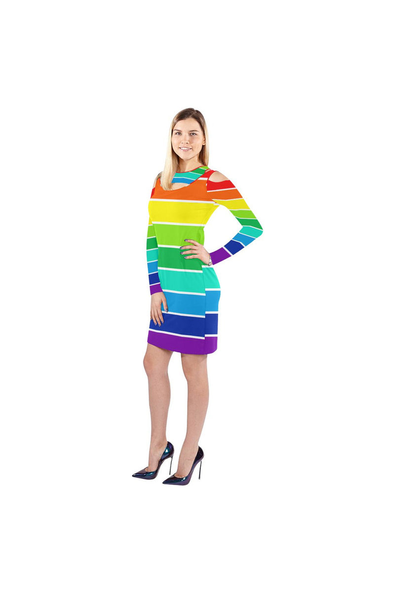Rainbow Bright Artsadd Cold Shoulder Long Sleeve Dress (Model D37) - Objet D'Art