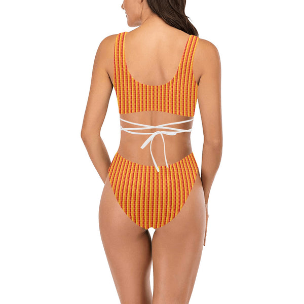 mandala striped red yellow orange Cross String Bikini Set (Model S29) - Objet D'Art