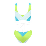 v striped neon green blue white print 5 Cross String Bikini Set (Model S29) - Objet D'Art