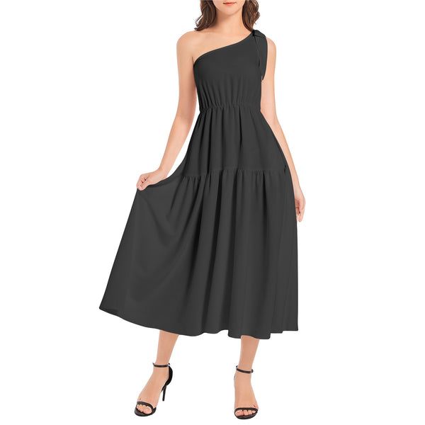 Black Ruffle Hem One Shoulder Midi Dress - Objet D'Art