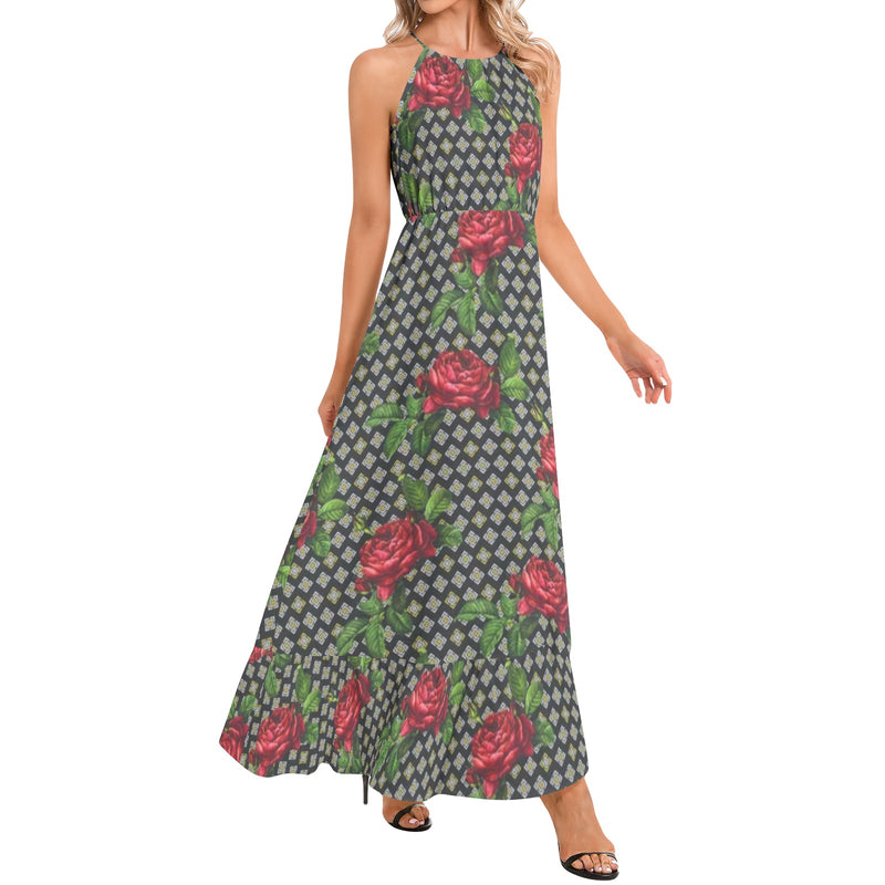 Rose Print Ruffle Hem Halter Neck Maxi Dress - Objet D'Art