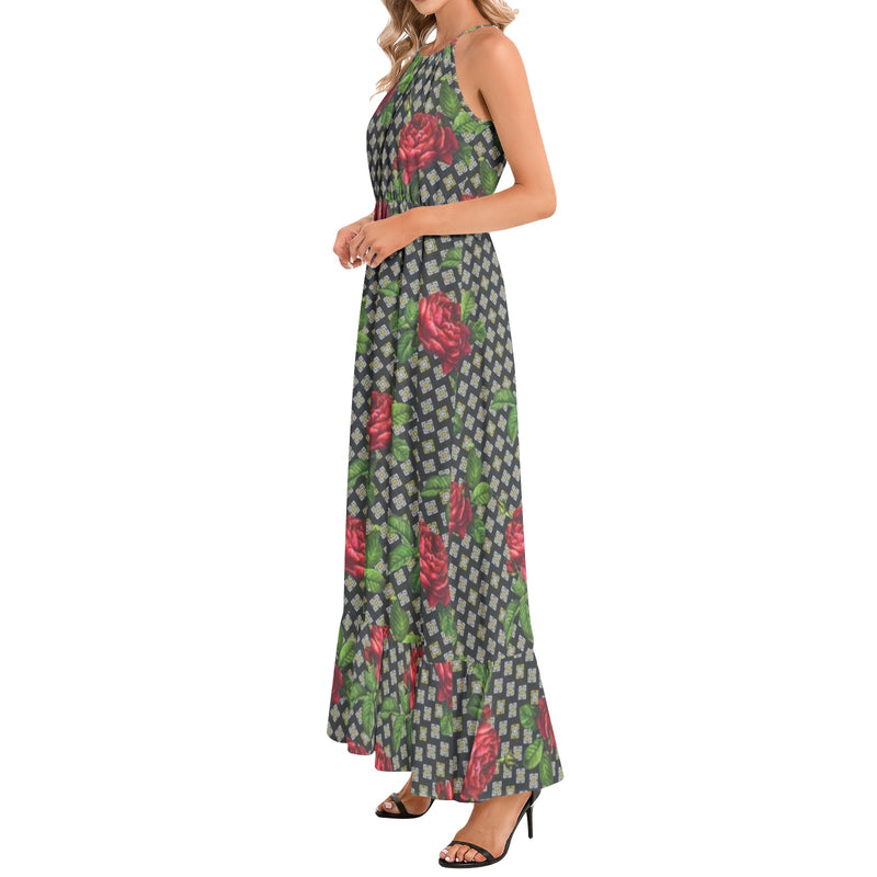 Rose Print Ruffle Hem Halter Neck Maxi Dress - Objet D'Art
