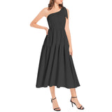 Black Ruffle Hem One Shoulder Midi Dress - Objet D'Art